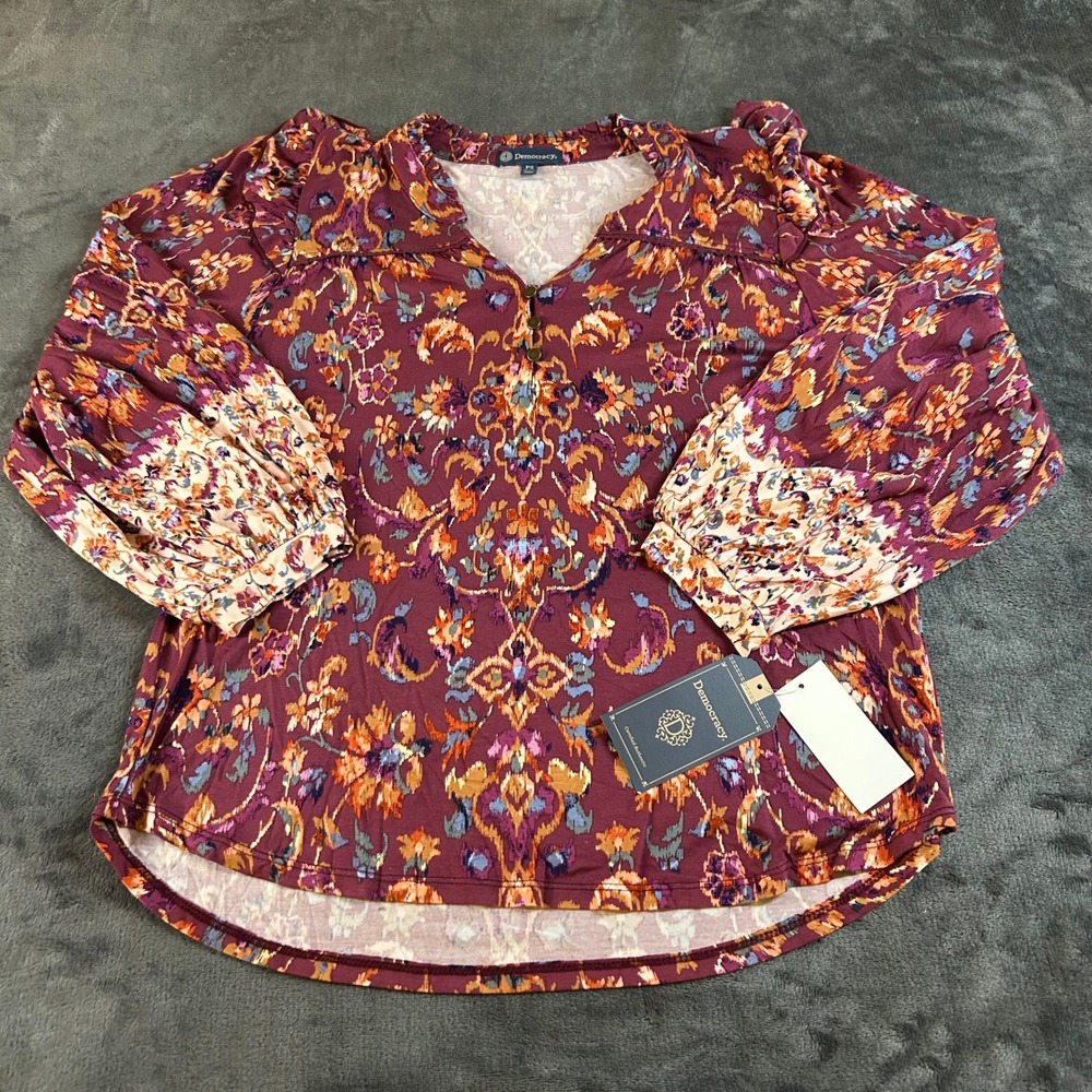 Democracy Floral Print Blouse Half Button Balloon Sleeve Top‎ Purple Womens PS
